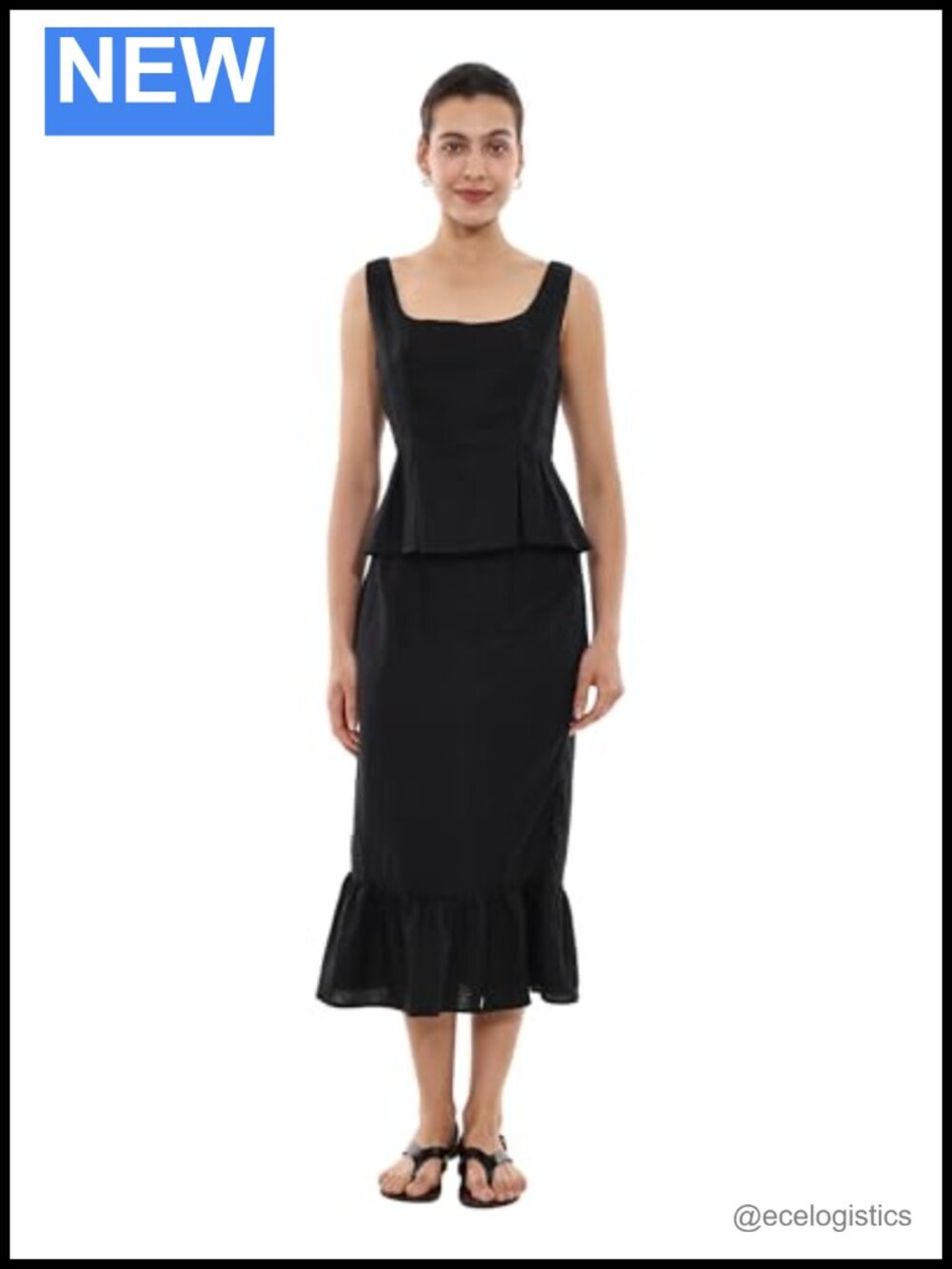 100% Linen Two Piece Skirt Set Peplum Top Fishtail Midi Skirt
